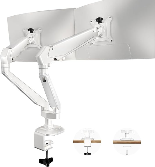 Dual Monitor Mount for 2 Screens up to 32 Inch and 19.8 lbs, Fully Adjustable Gas Spring Monitor Arm Desk Mount, Vesa Monitor Mount with C Clamp, Grommet Base, Aluminum, White