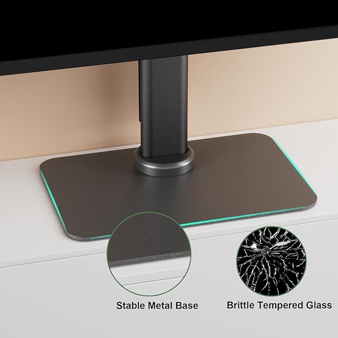 Single Monitor Mount with Power Outlet, Freestanding Monitor Stand for 13 inch to 32 inch Flat Curved Screen with Metal Base, 6 Heights Adjustable,Swivel, Tilt, Rotation, Max VESA 100x100mm