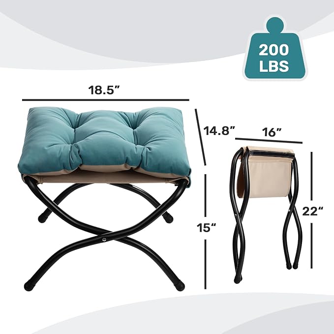 AbocoFur 15"(H) Folding Footrest Stool, Accent Padded Sofa Foot Stool for Lazy Chair, Upholstered Small Foldable Ottoman, Metal Frame Portable Foot Rest Ottoman for Living Room, Bedroom, Lake Blue