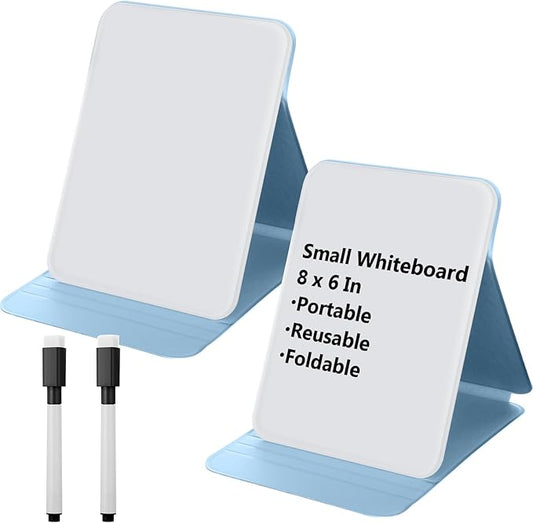 2 Pcs Small Glass Desktop Whiteboard with Reversable Stand 8 x 6 Inch Mini Dry Erase White Board Easel with 2 Markers Reusable Desk Notepad for Home Office School Supplies(Blue)