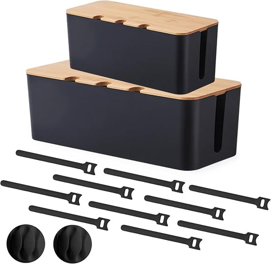 Cord Organizer Box Black 2 Pack, Wooden Cable Management Box with Cable Clip Holders and Reusable Cable Ties, Cord Management Box Cable Organizer Box with Bamboo Lid for Power Strip Extension Cord