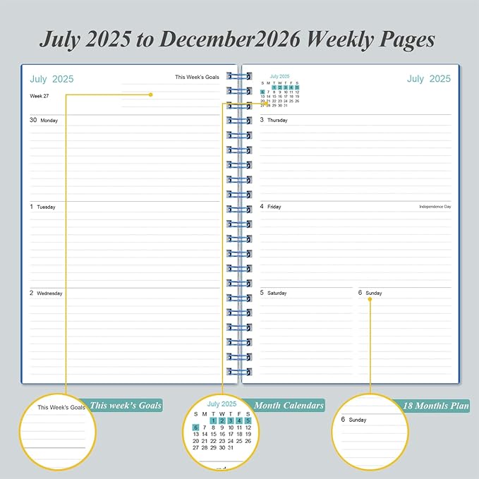 2025-2026 Planner - 18 Months Weekly & Monthly Planner from July 2025 - December 2026, Spiral Planners 2025-2026 with Elastic Closure, Inner Pocket, Medium 5.8" x 8.3", Blue