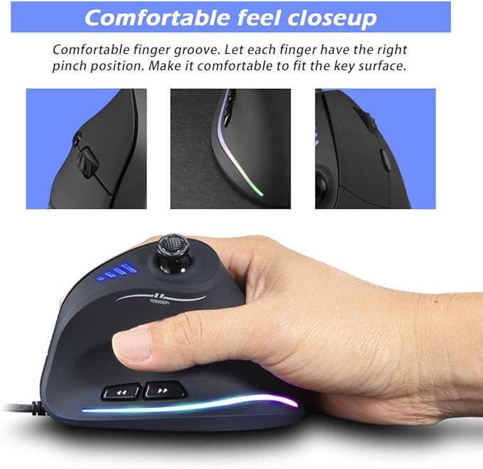 Zeerkeer Ergonomic Vertical Mouse, RGB Wired Vertical Gaming Mouse with Joystick, 10000 Max DPI and 11 Programmable Buttons for Gamers, Computer (Wired)