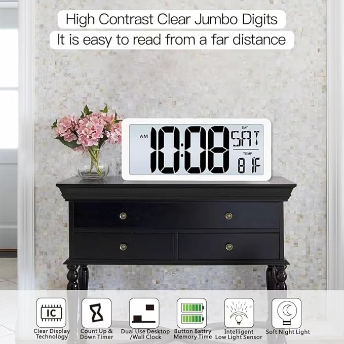 TXL Large Digital Wall Clock with Backlight, 14.2" Battery Operated Alarm Clock with Day, Date & Temperature, Jumbo Display Digital Count Up Down Timer Clock for Seniors, Home, Bedroom Office