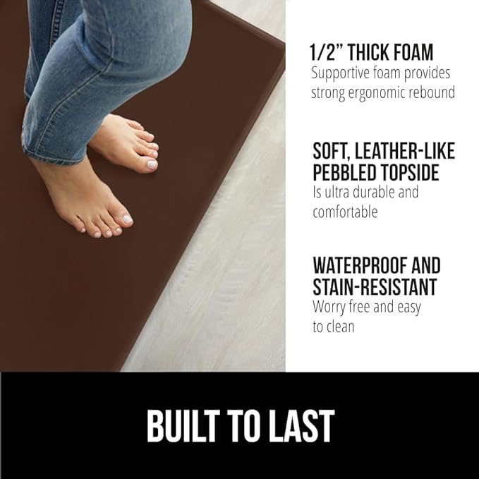 GORILLA GRIP 2 Pack Comfortable Cushioned Kitchen Mats for Floor, 17x24 + 17x48, Waterproof and Stain Resistant, 1/2 Inch Thick Soft Ergonomic Standing Desk Anti Fatigue Mat, Foam Supports Feet, Brown