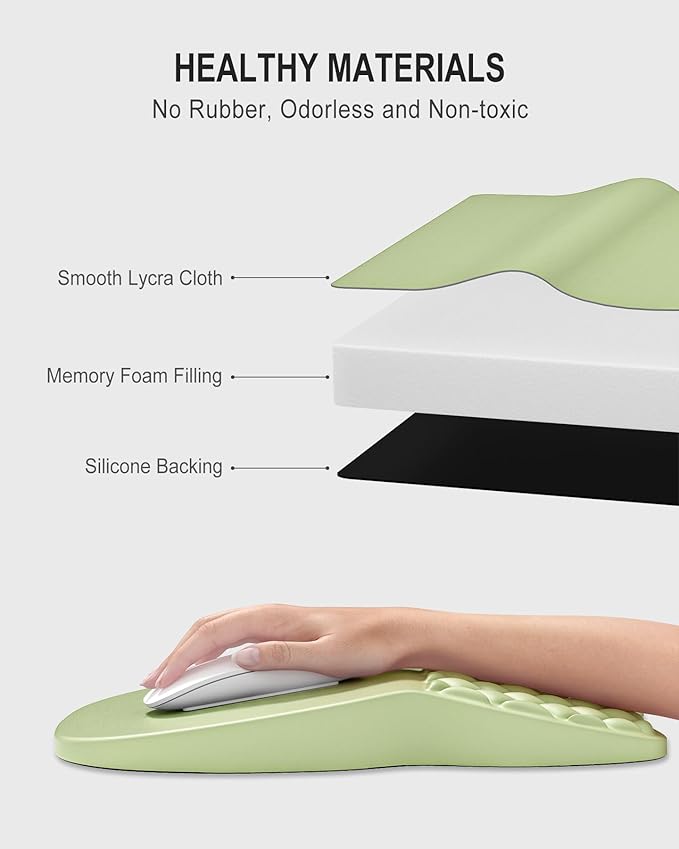 Auhoahsil Ergonomic Mouse Pad with Wrist Rest, Comfortable Slope Computer Mouse Mat with Wrist Support, Memory Foam Filling, Non-Slip Silicone Base, Pain Relief for Gaming Work, 8" x 12", Light Green