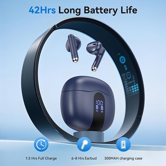 Wireless Earbuds, 2025 Bluetooth 5.4 Bass Stereo Headphones with 4 ENC Mic, 50H Playback Ear Buds with Charging Case LED Display,Sport Earphones IPX7 Waterproof for Phone, Android, Pad, Blue