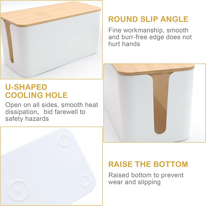 Cable Tidy Box White Cable Box with Bamboo Lid Cable Organiser Cable Management Box for Hiding Cables and Plugs