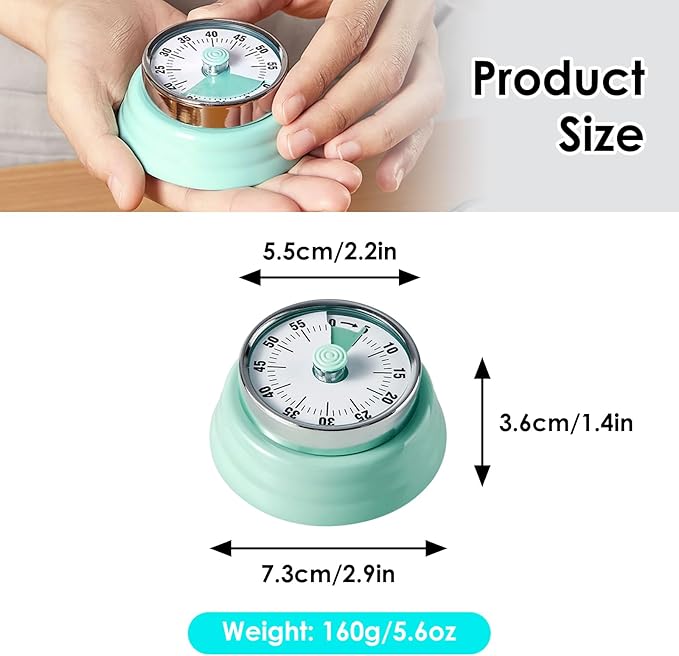 Visual Timer, Teeloray 60-Minute Countdown Timer, Kitchen Timer with Magnetic Base, Mechanical Clockwork, Ringer Alert, Time Management Tool for Children and Adults, Study/Work/Cooking (Mint Green)