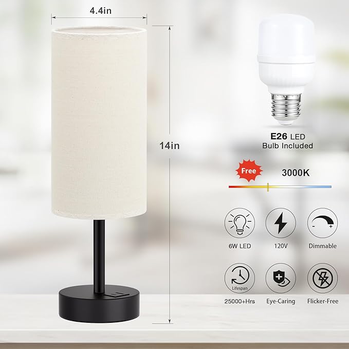 Beige Touch Lamp for Bedroom with USB - 3 Way Dimmable Table Lamp for Nightstand, Small Lamp with Black Charging Station for Desk Dorm, Office, Nursery