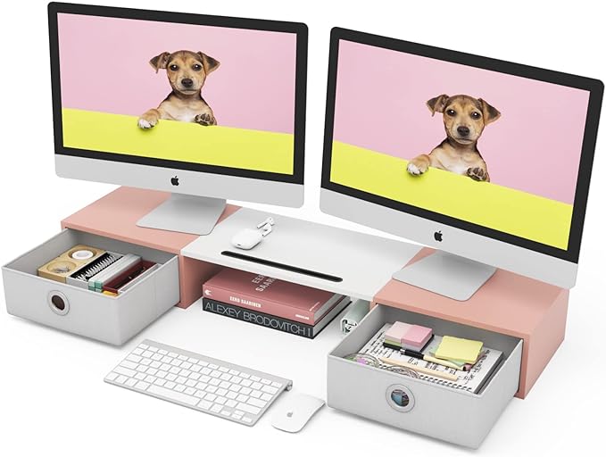 WESTREE Dual Monitor Stand Riser with Two Drawers, Extra Large Storage Monitor Stand for 2 Monitors, Desktop Oraganizer Stand for Computer,Laptop,Screen,Printer,TV