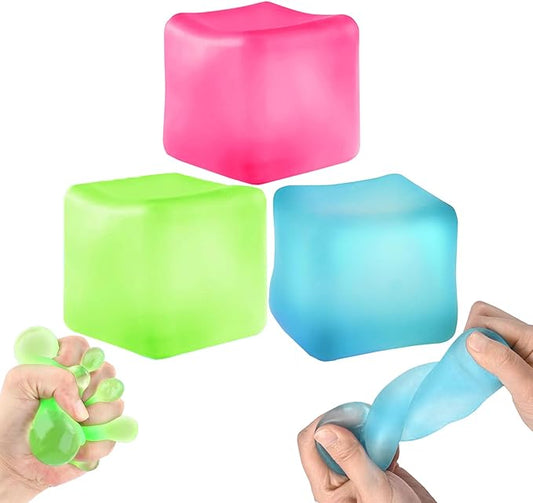 3Pcs Stress Cube Squishy Toys, Slow Rising Ice Cube Stress Balls, Sensory Fidget Toys for Anxiety Relief, Sensory Ice Nee Cube Gel Filled Squishy Ball Toys for ADD/ADHD Kids Adults(Blue, Green, Pink)