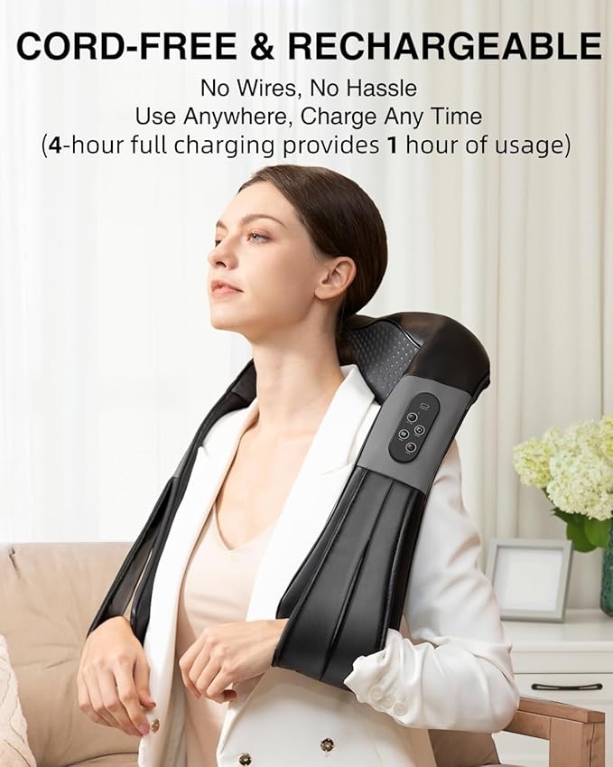 Nekteck Cordless Shiatsu Neck and Back Massager with Soothing Heat, Electric Deep Tissue 3D Kneading Massage Pillow for Shoulder Leg Body Muscle Pain Relief, Home Office and Car Use
