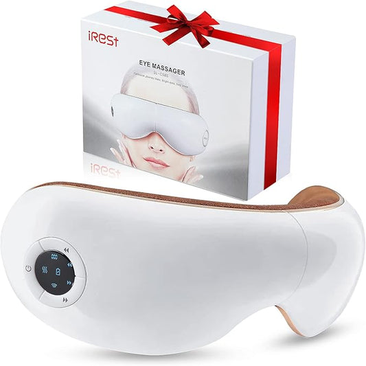 iRest Eye Massager with Heat,Smart Eye Mask Massager with Compression & Vibration,Relax Music,Rechargeable,Migraine Massager for Improve Sleep,Relieve Eye Strain Dry Eye Dark Circles Eye Bags,White