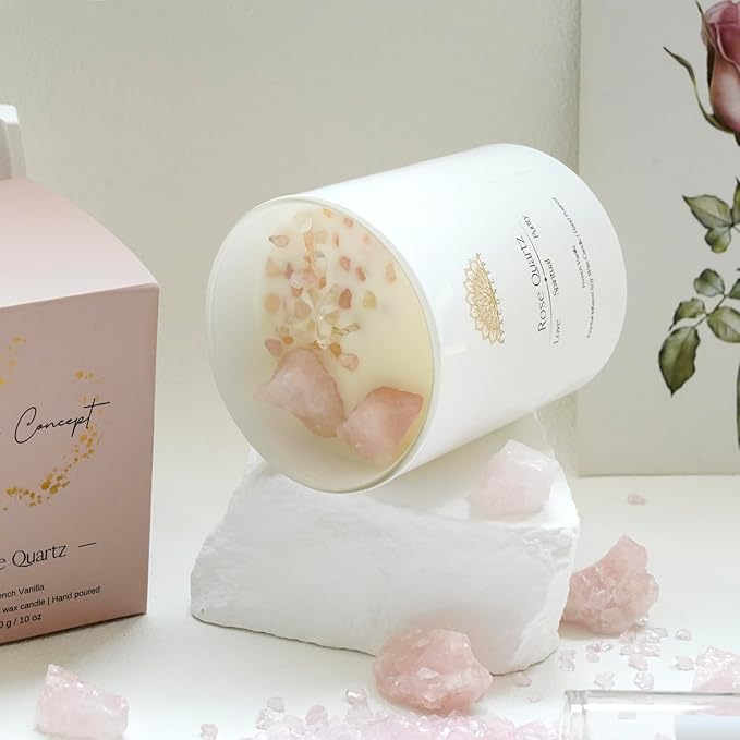 ava concept - Crystal Candle Rose - Quartz French Vanilla Scented - Soy Candles - Home Decor Aromatherapy - Glass Jar Birthday, Wedding Gift Set for Women 10 oz