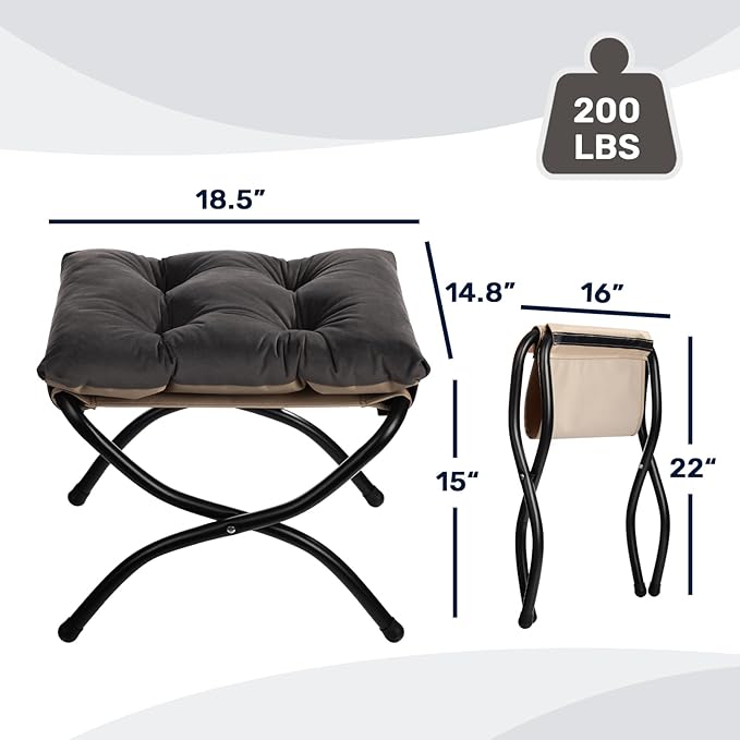 AbocoFur 15"(H) Folding Footrest Stool, Accent Padded Sofa Foot Stool for Lazy Chair, Upholstered Small Foldable Ottoman, Metal Frame Portable Foot Rest Ottoman for Living Room, Bedroom, Smoky Grey