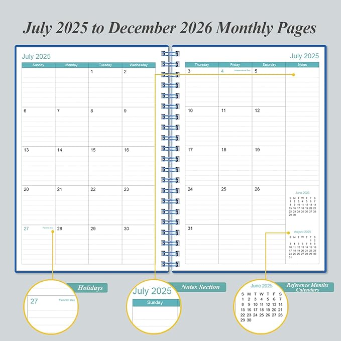 2025-2026 Planner - 18 Months Weekly & Monthly Planner from July 2025 - December 2026, Spiral Planners 2025-2026 with Elastic Closure, Inner Pocket, Medium 5.8" x 8.3", Blue