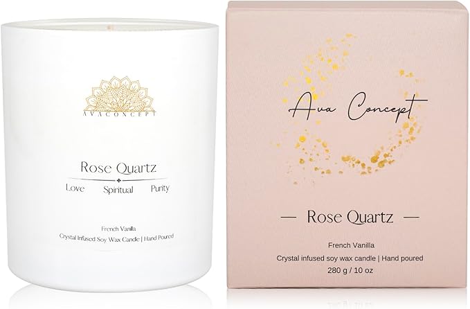 ava concept - Crystal Candle Rose - Quartz French Vanilla Scented - Soy Candles - Home Decor Aromatherapy - Glass Jar Birthday, Wedding Gift Set for Women 10 oz