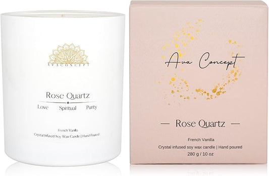 ava concept - Crystal Candle Rose - Quartz French Vanilla Scented - Soy Candles - Home Decor Aromatherapy - Glass Jar Birthday, Wedding Gift Set for Women 10 oz