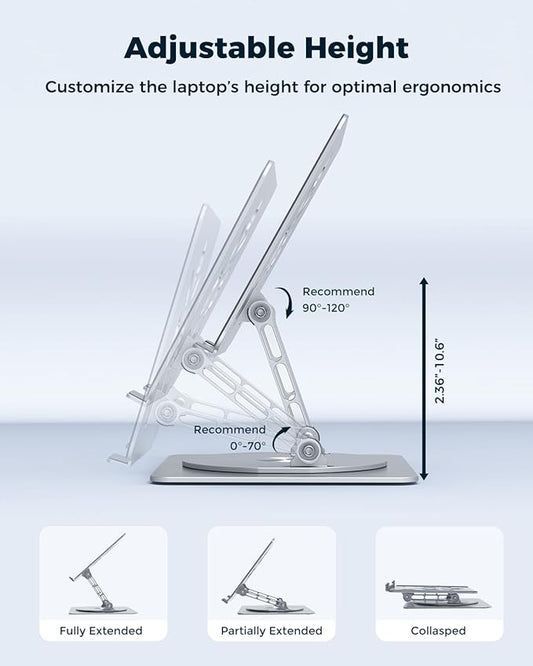 Adjustable Laptop Stand for Desk - Portable Laptop Riser with Rotating Base, Foldable Aluminum Computer Stand, Ergonomic Laptop Holder for MacBook Pro/Air Dell HP Lenovo Notebook up to 16" (Silver)