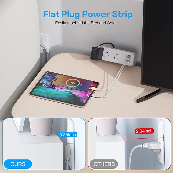 3 Outlet Desk Clamp Power Strip with USB C, White Flat Plug Desktop Edge Power Strip, Desk Mount Clamp Socket Connect 6.5 ft Thin Extension Cord for 1.6 inch Tables.