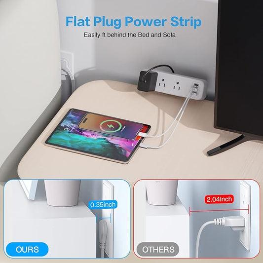 3 Outlet Desk Clamp Power Strip with USB C, White Flat Plug Desktop Edge Power Strip, Desk Mount Clamp Socket Connect 6.5 ft Thin Extension Cord for 1.6 inch Tables.