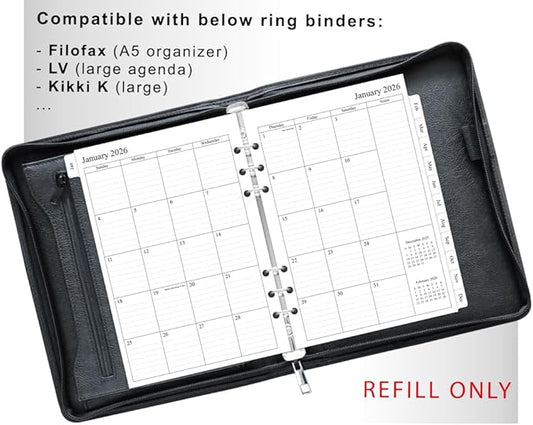 newestor 2025-2026 Monthly Planner Refills for A5 6-Ring Binder, Two Pages Per Month, Oct 2025 to Dec 2026, A5 Size, 6-Hole Punched
