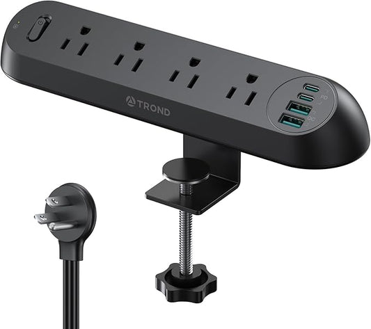 TROND Desk Clamp Power Strip USB C PD 20W- Surge Protector with 4 AC Outlets 4 USB Ports, Flat Plug 6ft Extension Cord, 1700J, ETL Listed, Fits 1.97 inch Tabletop Edge, for Home Office, Black