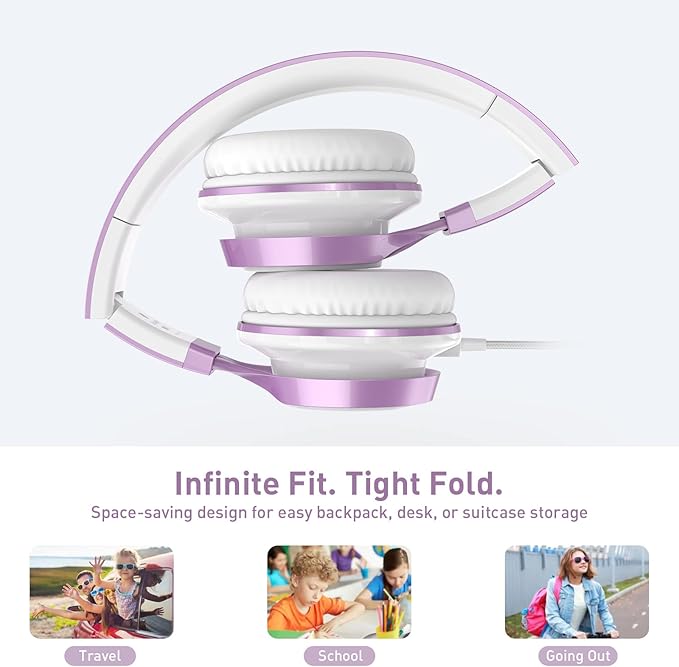 AILIHEN MS300 Purple Girl Headphones Wired with Microphone for Chromebook Laptop Computer, 3.5mm Foldable Lightweight on-Ear Headphones for School Teen Students