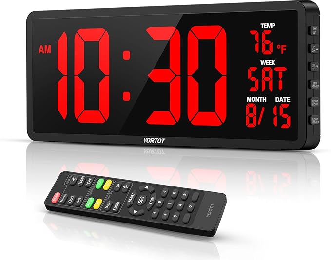 YORTOT 16" Digital Wall Clock Gym Timer with 7 Colors Light & Remote Control - Larger LED Display with Indoor Temperature | Date, Workout Timer with Count Down & Up | Stopwatch for Home Gym Garage