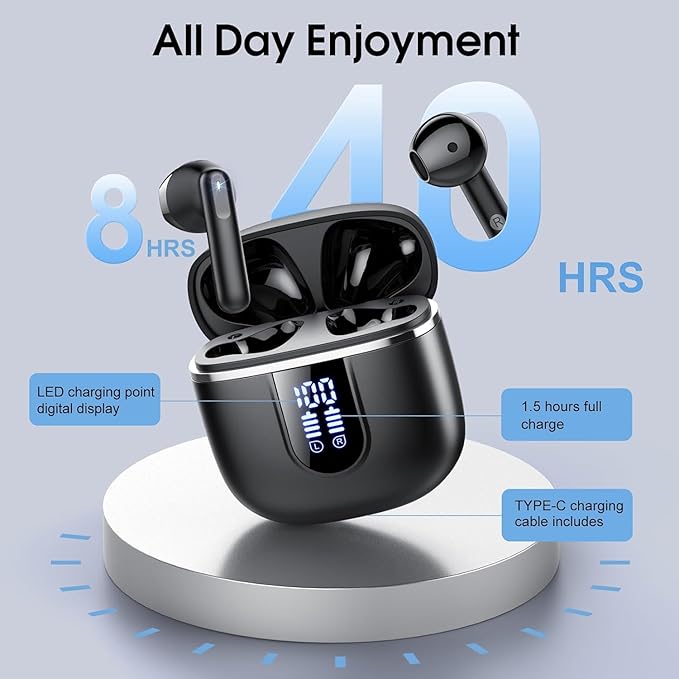 Wireless Earbuds, 2025 Bluetooth 5.4 Headphones with 3D Bass Stereo, 40H Ultralight in-Ear Buds, Bluetooth Earbuds with 4 ENC Noise Cancelling Mic, USB-C LED, IP7 Waterproof Earphones for Android iOS