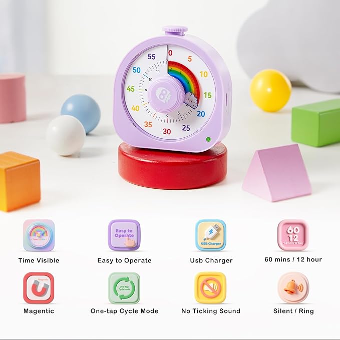 Visual Timer β Rainbow Magnetic Timer for Classroom, 60min/12h Rechargeable Countdown Timers, Silent Pomodoro Timers for Kids & Adults with ADHD