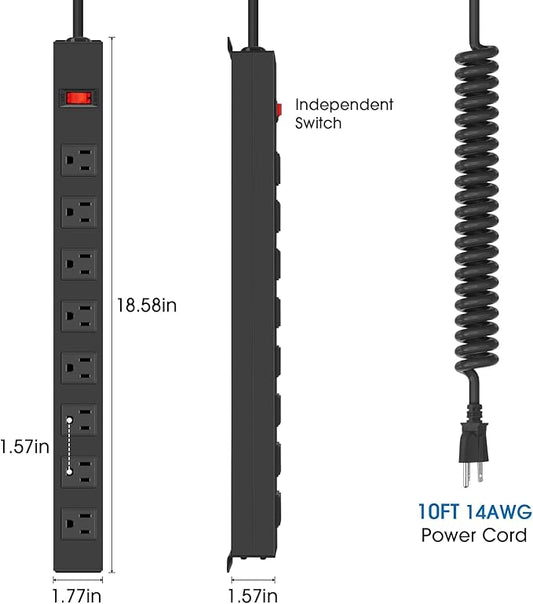 HHSOET 8 Outlet Metal Wall Mount Power Strip, Mountable Outlet with Switch, Heavy Duty Wide Spaced Surge Protector, 10 FT SJT 14AWG Black Spring Cord.
