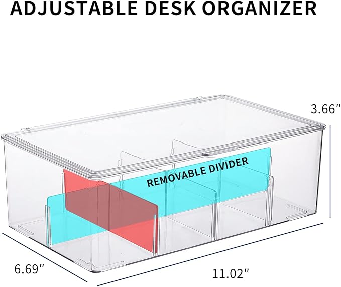 Yesesion Clear Plastic Cord Organizer Box with Adjustment Compartments, Large Cable Management Case with Lid and 10 Wire Ties for Desk Drawer, Home Office, Art Supply, Electronic Accessories (1 Pack)