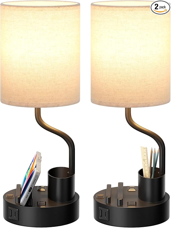 Bedside Table Lamps for Bedroom Set of 2 - Nightstand Light with AC Outlet and USB A & C for Charging, 3 Color Temperatures, Study Desk Lamp with Pen Holder & Phone Stand for Living Room/Dorm/Office