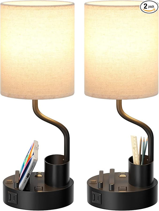 Bedside Table Lamps for Bedroom Set of 2 - Nightstand Light with AC Outlet and USB A & C for Charging, 3 Color Temperatures, Study Desk Lamp with Pen Holder & Phone Stand for Living Room/Dorm/Office