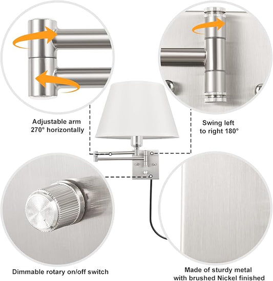 TRLIFE Dimmable Wall Sconce Plug in, Brushed Nickel Wall Sconces Set of Two Swing Arm Wall Lights with Plug in Cord and On/Off Dimmer Rotary Switch, 11.8" Large White Fabric Shade(2 Pack, 2 Bulbs)