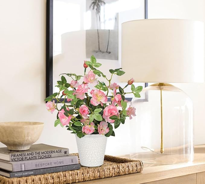 Hollyone Artificial Plants & Flowers in Vase Pink Camellia Roses Small Faux Flower Plant Arrangement with Pot Fake Rose Flowers Home Decor Office Bathroom Shelf Desk Table Decoration