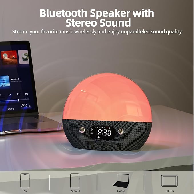 MOMILLA Sunrise Alarm Clock- Bluetooth Speaker with Smart Alarm Clocks for Bedrooms, Alexa & APP Control, 11 White Noise Sound Machine, Sunset Night Light Wake up Light for Kids& Heavy Sleepers
