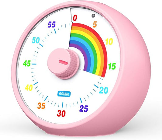 Visual Timer for Kids, 60-Minute Countdown Timer for Classroom Office Kitchen, Desk Timer Kids Time Management Tools with Silent Operation, Pomodoro Time Rainbow Pattern(Pink)