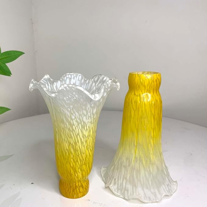 Bieye LS19 Lily Flower Blown Glass Lampshade (Yellow White, Opening I.D. 1.26" x O.D. 1.5")