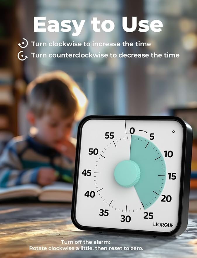 LIORQUE 60 Minute Visual Timer for Kids and Adults, Non-Ticking 7.5 Inch Large Visual Countdown Timers for Classroom Desk Countdown Clock with Magnetic Backing, Kids Pomodoro Timer Clock