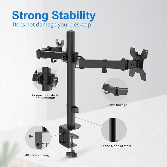 H&C(hcck&Cllassp) Dual Monitor Mount, Monitor Arm with Swivel, Tilt, Rotation, Height Adjustable, VESA Mount for 17-27” Monitors up to 17.6lbs, Desk Mount with C-Clamp, Black