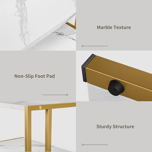 2 Tier Printer Stand, Desktop Printer Stand with Reinforced Metal Frame, Marble White Design Printer Shelf for Home Office, Compact Printer Stand for Desk or Under Desk, Holds Up to 20lbs