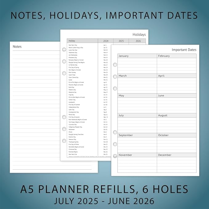 newestor 2025-2026 A5 Planner Inserts, Filofax A5 Compatible, Jul 2025 - Jun 2026, Weekly and Monthly Appointment Book Pages, Tabbed, 6 Holes