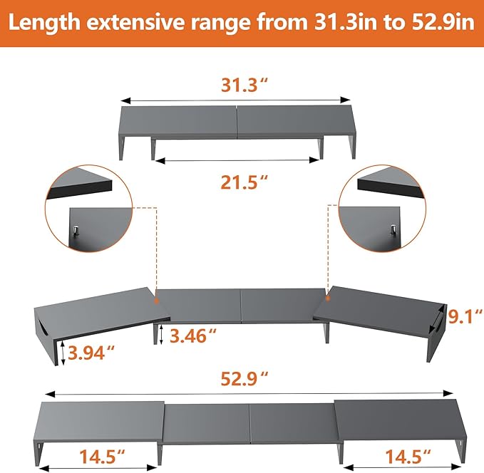 Triple Monitor Stand Riser, Extra Long Monitor Riser for 1~2~3 Monitors, Dual Monitor Stand with Length and Angle Adjustable, 3 Shelf Monitor Stand for Desk