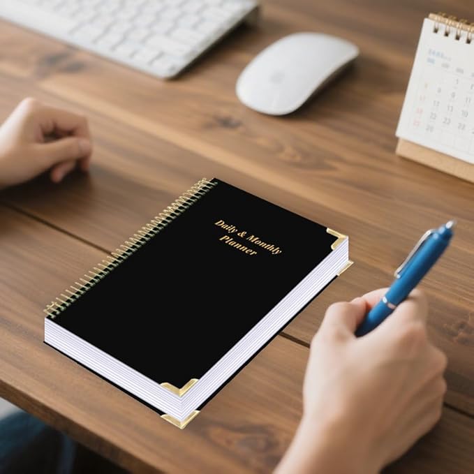 Undated Daily Monthly Planner for 2025 2026 - A5 To Do List with Hourly Schedule, Hardcover Spiral Bound Daily Planner to Increase Focus, Stylish School/Office Supplies, 5.8" x 8.5", Black