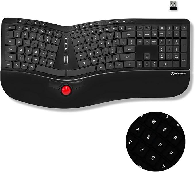 X9 Performance Ergonomic Wireless Keyboard with Trackball - Rechargeable, Backlit, Built in Mouse Buttons - 2.4G Split Keyboard Wireless for Windows PC and Chrome - All in One Typing Solution
