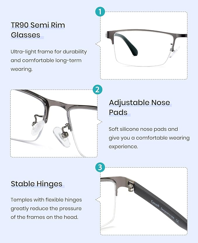 Cyxus Blue Light Glasses for Men Semi Rim Crystal Lens Rimless Glasses UV Blocking Gaming Eyeglasses