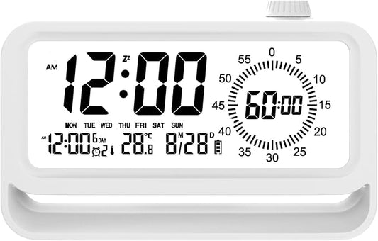 Digital Alarm Clock Night Light Visual Timer, LCD Time Reminder with 3 Alarms, Snooze,Temperature Display, Ideal for Family Education Teaching and Time Management Gifts for Kids (White)